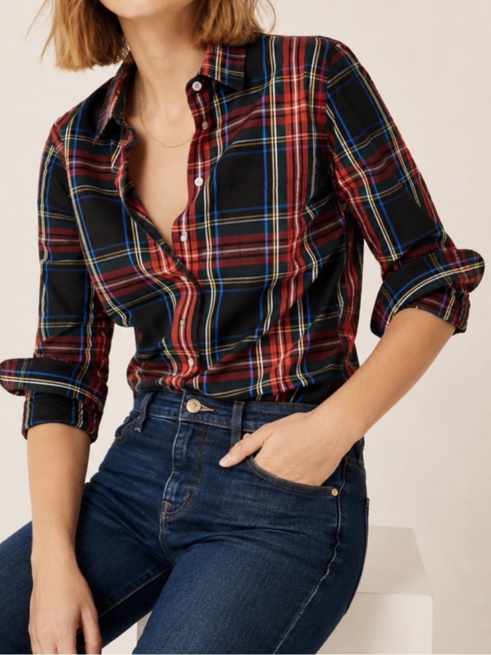 WSH44 {J. Crew} "Slim" Holiday Tartan Plaid Full Button Down Oxford Poplin Shirt